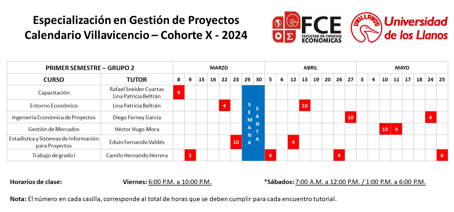 Calendario Villavicencio Primer Semestre 2024 Grupo 2 - Cohorte X