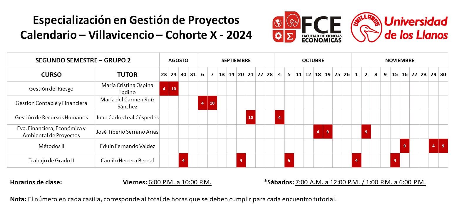 Calendario Villavicencio Segundo Semestre - Cohorte X - Grupo 2