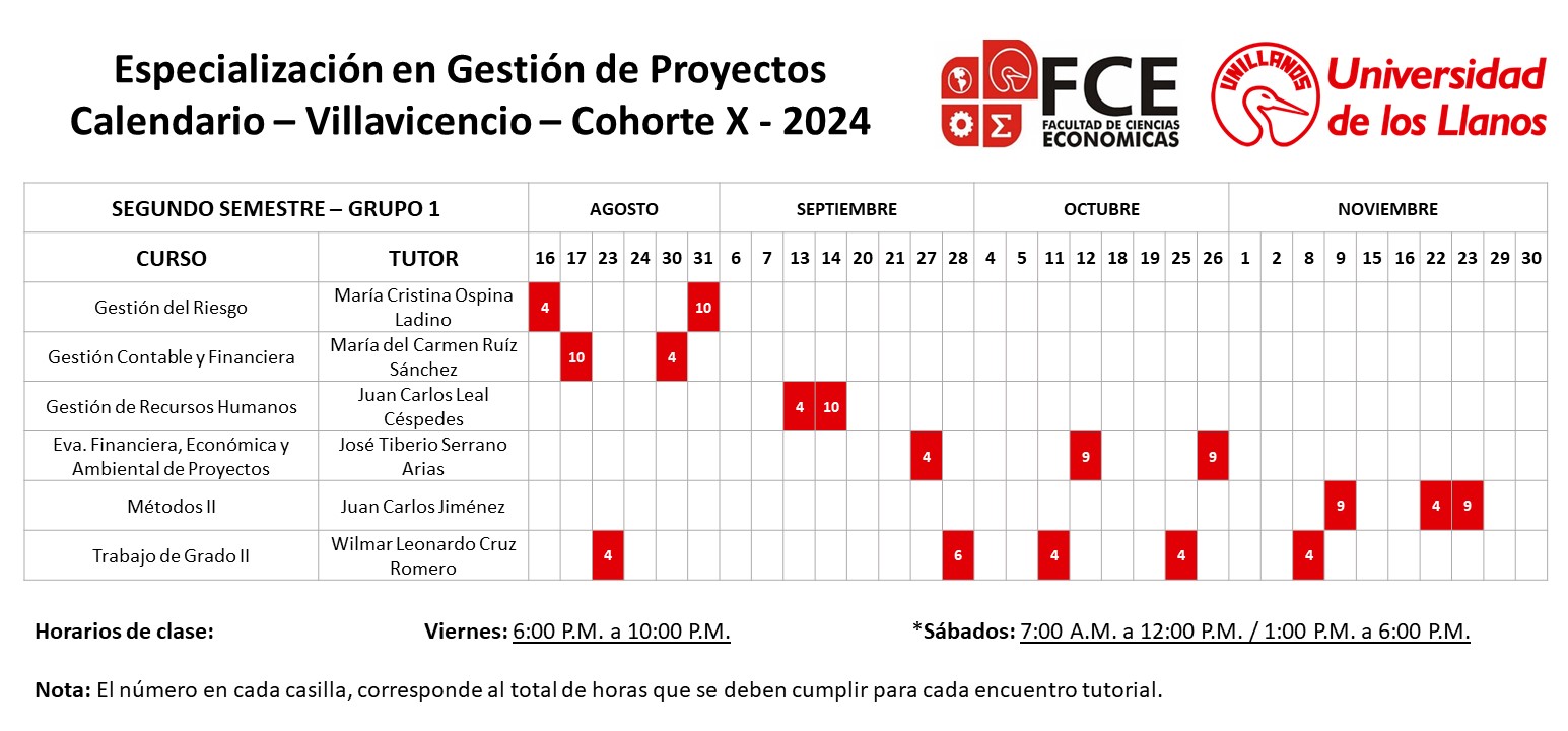 Calendario Villavicencio Segundo Semestre - Cohorte X - Grupo 1